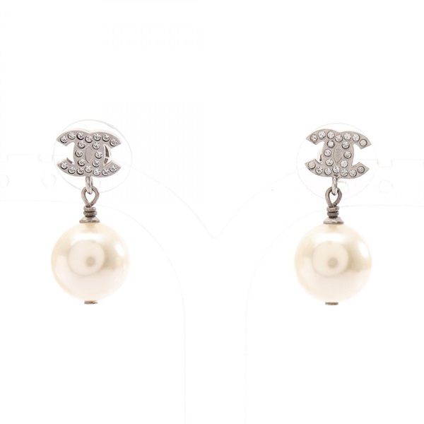 CHANEL COCO Mark Pierced earrings GP Artificial pearl rhinestone Used Women CC