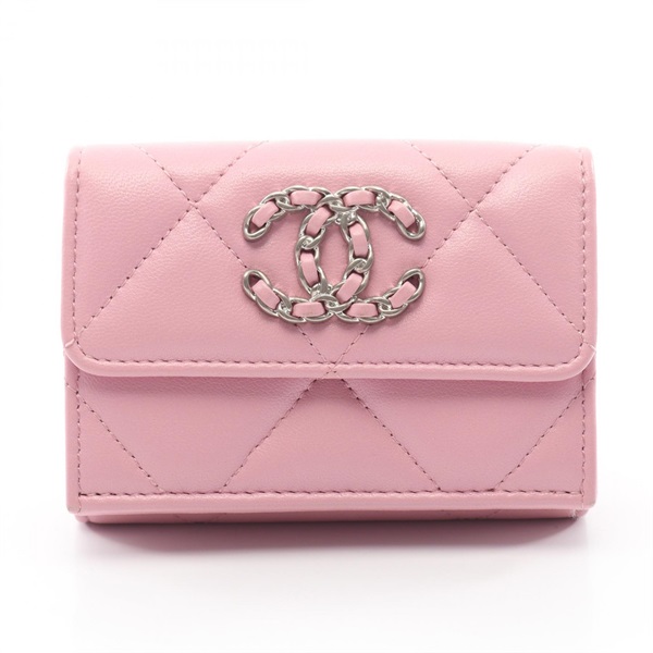 CHANEL 19 dix-neuf Small flap Tri-fold Wallet Purse Lamb leather Pink SHW Used