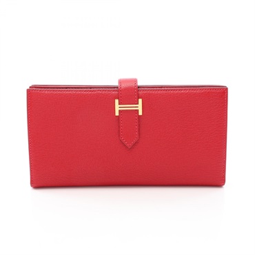 HERMES Bearn Soufflet Bifold purse wallet R Chevre Rouge casaque Used Women GHW