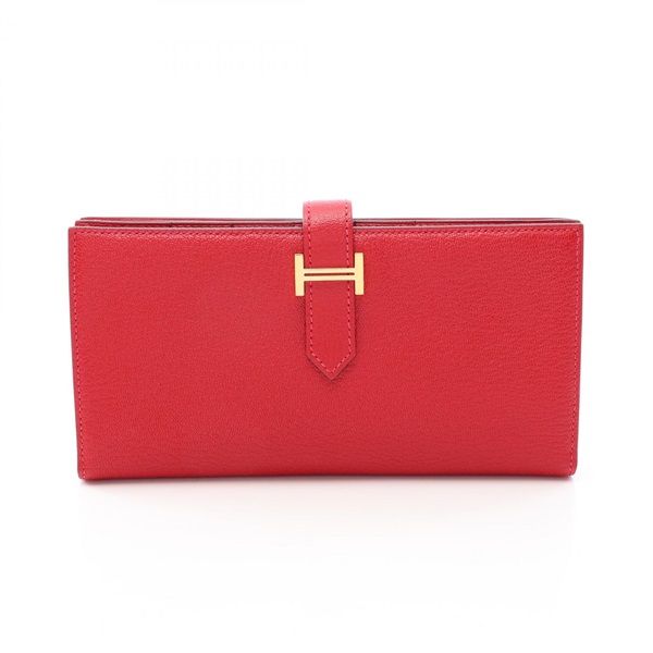 HERMES Bearn Soufflet Bifold purse wallet R Chevre Rouge casaque Used Women GHW
