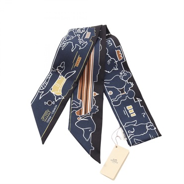 HERMES Twilly LES CHIENS PARISIENS Ribbon Scarf Wrap Stole silk Navy Preowned