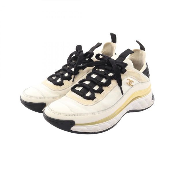 CHANEL COCO Mark Sneakers Shoes #38 G35617 Suede Fabric Beige Black Used Women