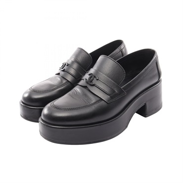 CHANEL COCO Mark Platform Loafers Shoes #39 G39206 leather Black Used Women CC