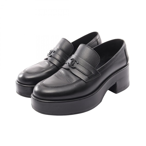 CHANEL COCO Mark Platform Loafers Shoes #39 G39206 leather Black Used Women CC