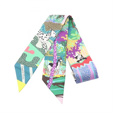 HERMES Twilly En Liberte! Ribbon Scarf Wrap Stole silk Green Used Women