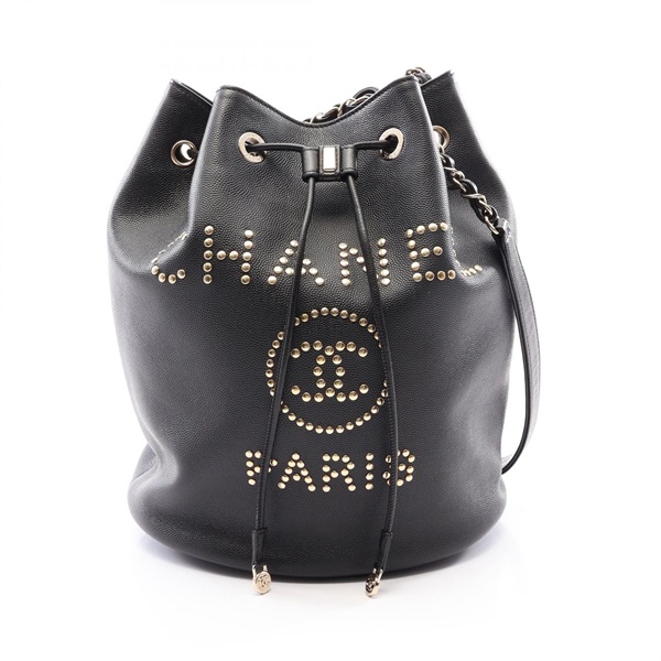 CHANEL Deauville Shoulder drawstring Bag leather Black Used Women GHW
