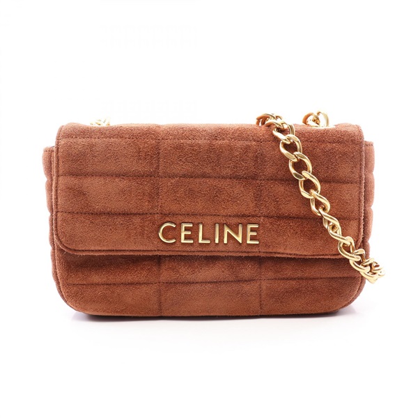 CELINE Monochrome Chain Shoulder Bag Suede Brown GHW Used Women