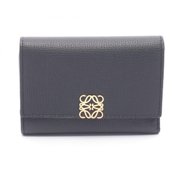 LOEWE anagram Tri-fold compact purse wallet leather Black Used Women