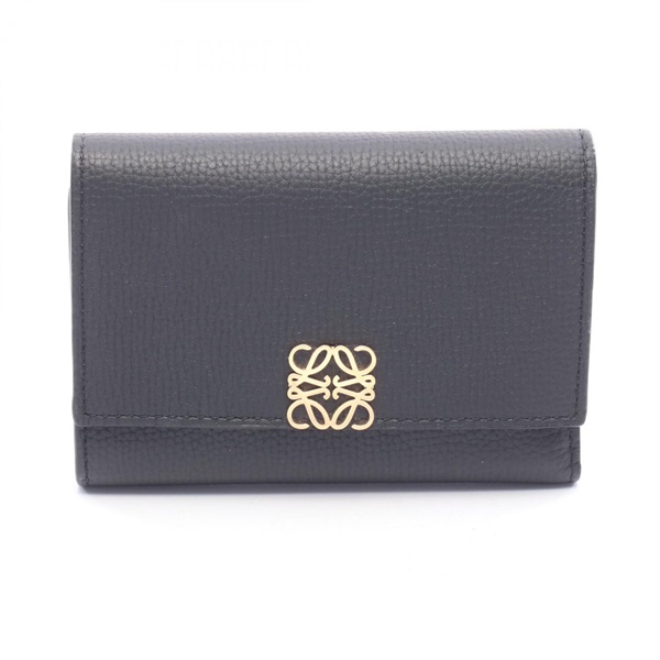 LOEWE anagram Tri-fold compact purse wallet leather Black Used Women