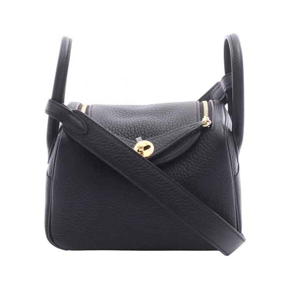 HERMES Lindy Mini Crossbody Shoulder Bag Clemence leather Black Preonwed G GHW