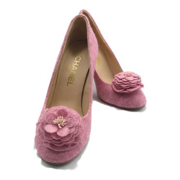 CHANEL COCO Mark Camellia Pumps shoes heel Felt Pink Used Women size 36 1/2