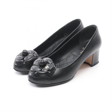 CHANEL Camellia COCO Mark pumps Heels G31545 leather Black Used Women #35 1/2C