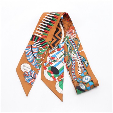 HERMES Twilly De l'Ombrelle aux Duels Vieux Scarf silk Brown Multicolor Used