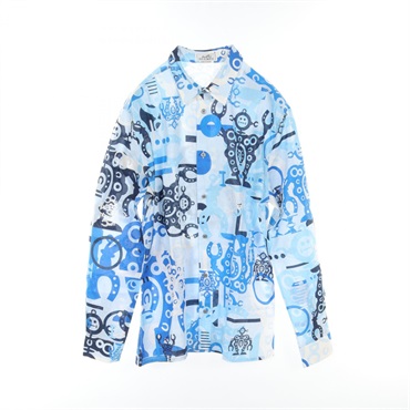 HERMES Hello Mr.Farrier Long sleeve shirt cotton Blue white Used mens size 41/15
