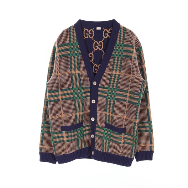 GUCCI GG pattern Glen check reversible cardigan 696576 wool Brown Navy Green