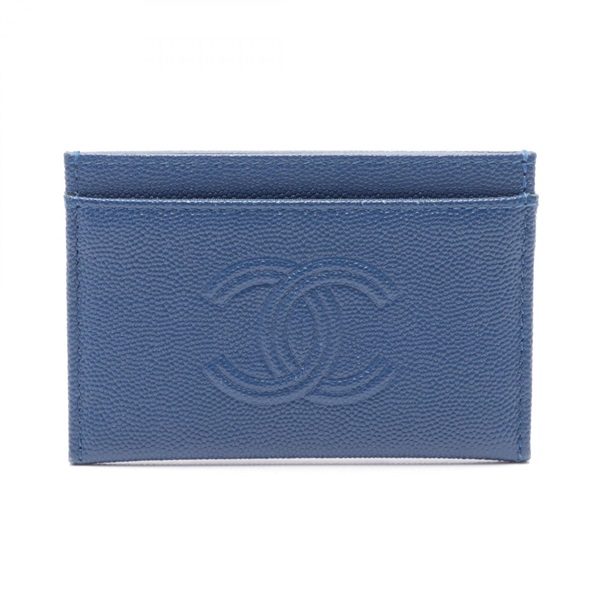 CHANEL COCO Mark Card Case leather Grained calfskin Blue Used Women CC