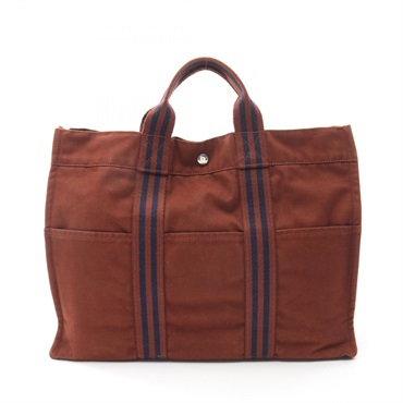 HERMES Fourre Tout MM Tote HandBag canvas Brown Navy Used Women