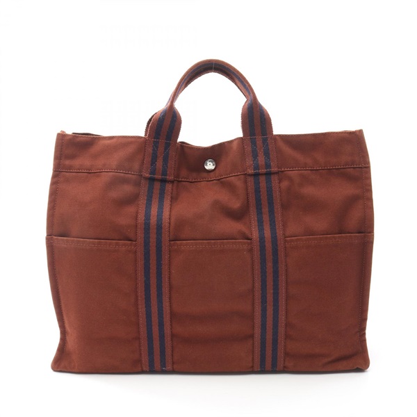 HERMES Fourre Tout MM Tote HandBag canvas Brown Navy Used Women