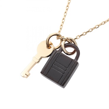 HERMES Amulet Padlock PM Necklace Pendant Gold Plated Black Used women