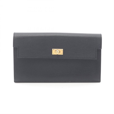 HERMES kelly pocket long Bifold purse Chevre Shamila leather Black Used W GHW