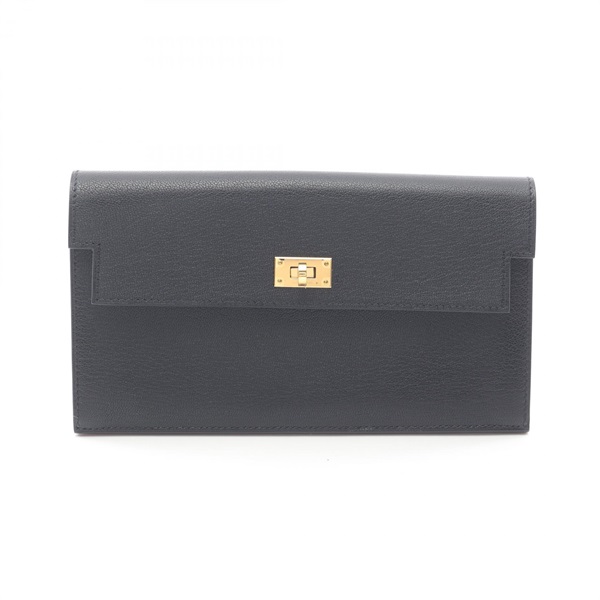 HERMES kelly pocket long Bifold purse Chevre Shamila leather Black Used W GHW