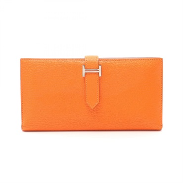 HERMES Bearn Soufflet Bifold purse Chevre leather Orange minyan Used Women B SHW