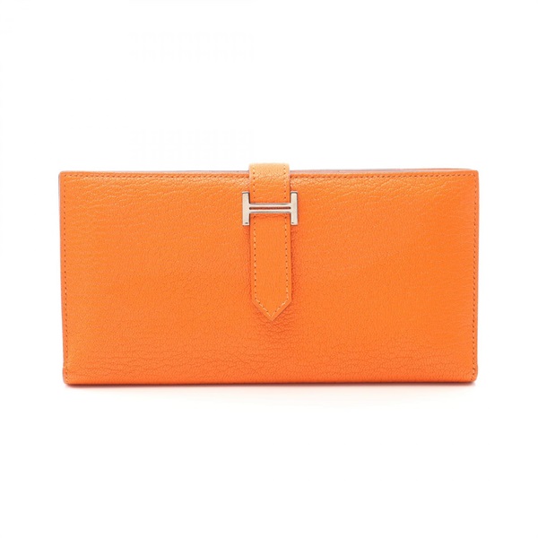 HERMES Bearn Soufflet Bifold purse Chevre leather Orange minyan Used Women B SHW