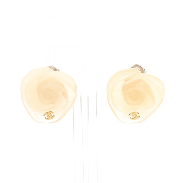 CHANEL Camelia Clip-on Earrings Gold Plated Plastic Pink Used COCO CC