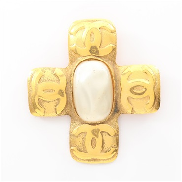 CHANEL COCO Mark Brooch pin Gold Plated Artificial pearl Used Women CC