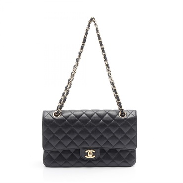 CHANEL Matelasse W flap Chain Shoulder Bag A01112 leather Black Used Women GHW