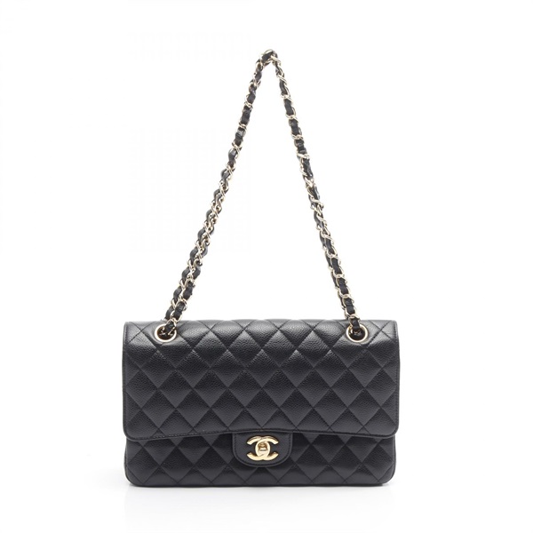 CHANEL Matelasse W flap Chain Shoulder Bag A01112 leather Black Used Women GHW