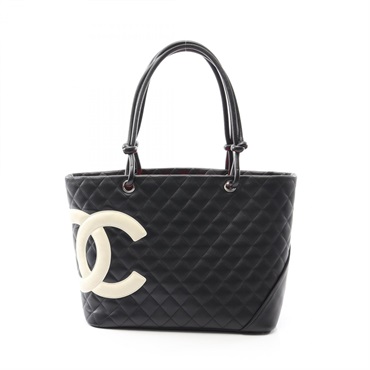 CHANEL Cambon Line Large Tote shoulder Bag Lambskin leather Black White Used SHW