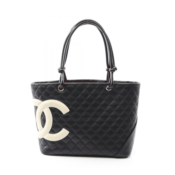 CHANEL Cambon Line Large Tote shoulder Bag Lambskin leather Black White Used SHW