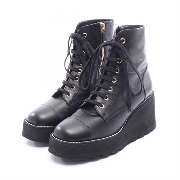 CHANEL COCO Mark lace-up Short Boots G45388 leather Black Used Women #38