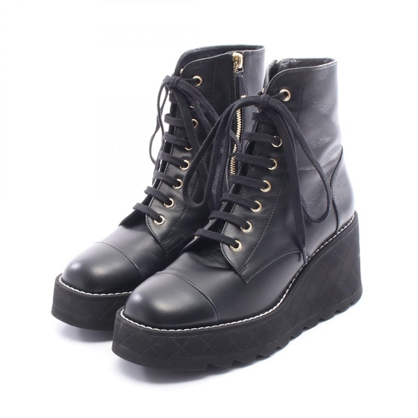 CHANEL COCO Mark lace-up Short Boots G45388 leather Black Used Women #38