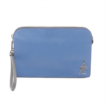 PRADA SAFFIANO TRAVEL Business Clutch bag Pouch 2VF056 leather Blue Gray Used