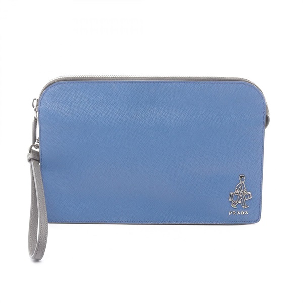 PRADA SAFFIANO TRAVEL Business Clutch bag Pouch 2VF056 leather Blue Gray Used