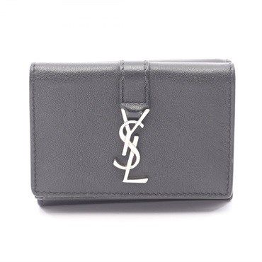 YVES SAINT LAURENT Origami Tiny Wallet Tri-fold Purse leather Black Used Women