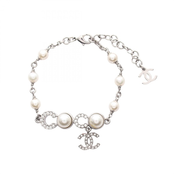 CHANEL COCO Mark Bracelet Stainless Steel Artificial pearl Rhinestone Used Women
