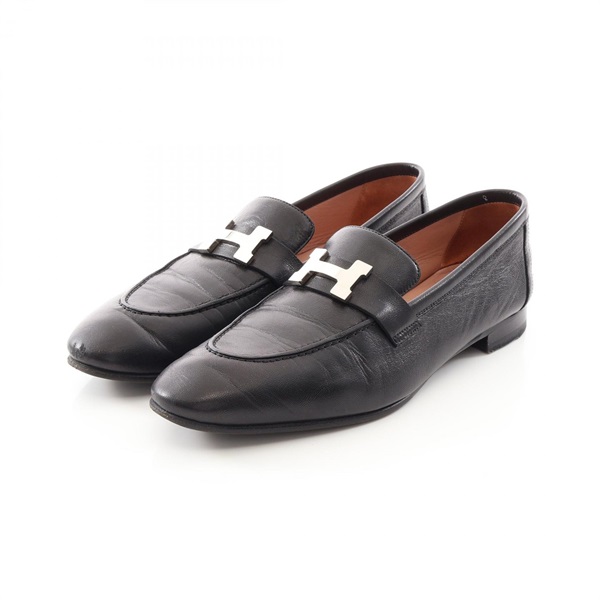 HERMES moccasins paris loafers shoes #38.5 leather Black Used Women