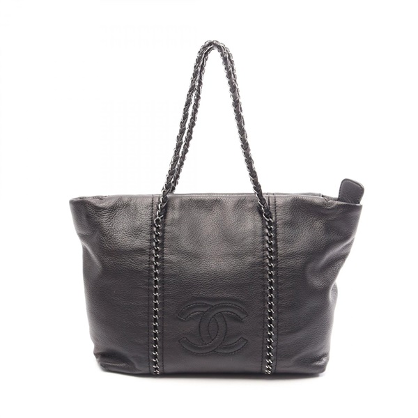 CHANEL COCO Mark Chain Tote Shoulder Bag leather Black Used Women CC