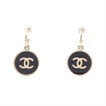 CHANEL COCO Mark Round Pierced earrings Gold Plated Black Used Women CC