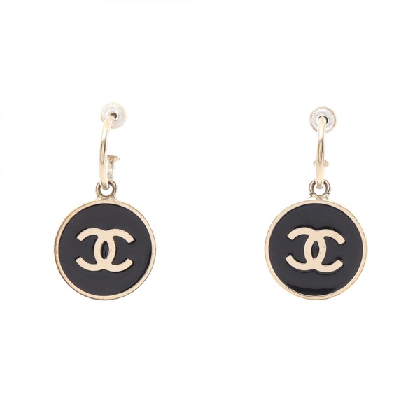 CHANEL COCO Mark Round Pierced earrings Gold Plated Black Used Women CC