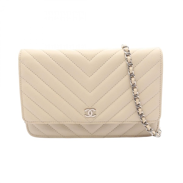 CHANEL Chevron V Stitch Chain Shoulder Bag Lamb sheep leather Beige Used SHW CC