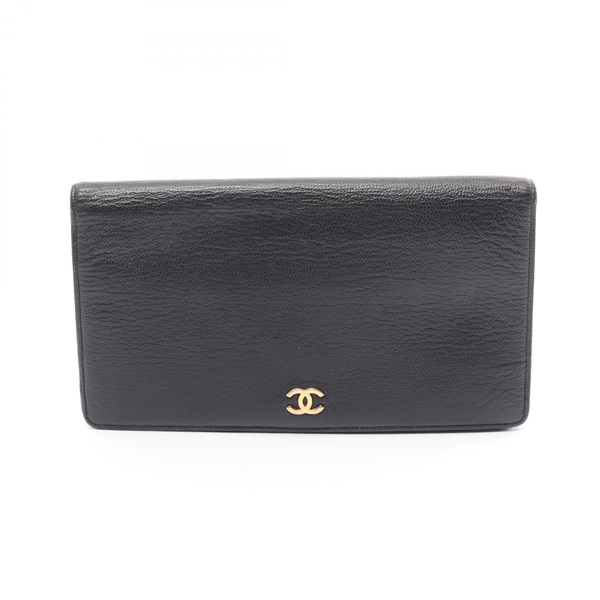 CHANEL COCO Mark Bifold long wallet purse leather Black Used