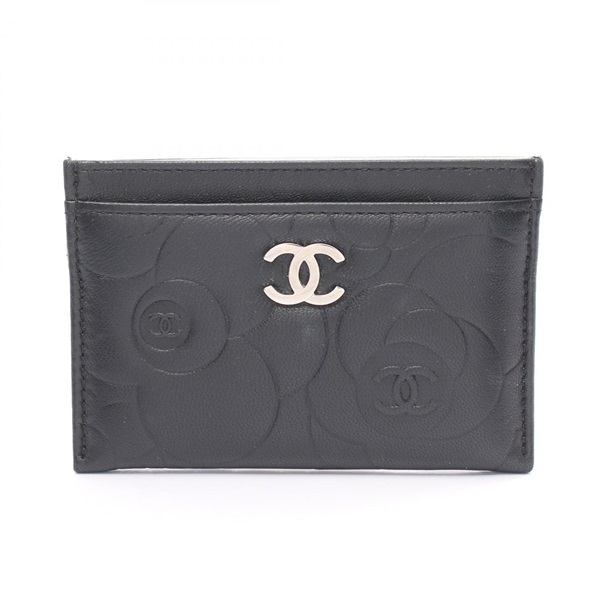 CHANEL Camelia Card Case purse A36542 lambskin Black SHW Used