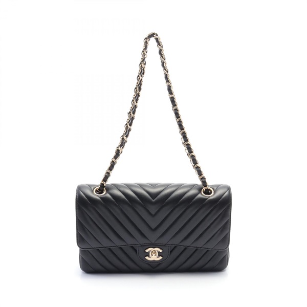 CHANEL CC Chevron V-stitch W-flap Shoulder Bag lamb Leather Black Used Coco