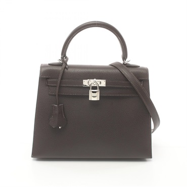 HERMES Kelly 25 Shoulder Hand bag Ardennes leather SHW Ebene Brown Used Women