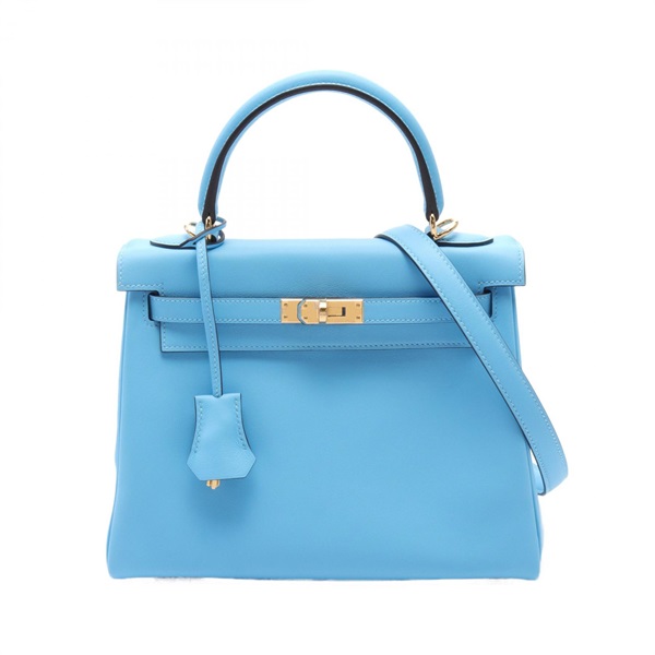 HERMES Kelly 25 2way shoulder Hand bag W Swift leather Blue Celeste GHW