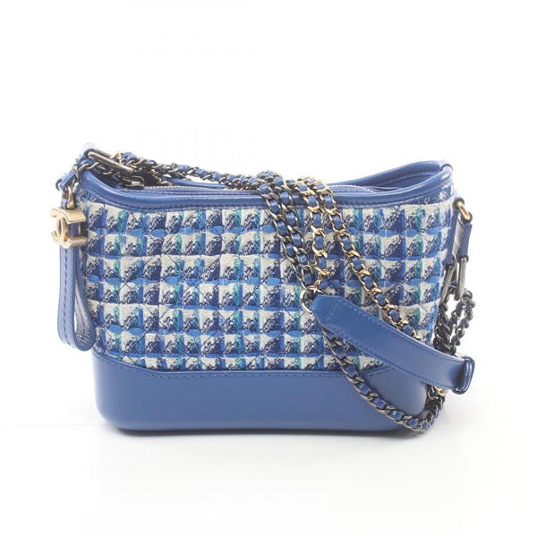 CHANEL Gabriel chain Shoulder Bag fabric leather Blue Used tweed